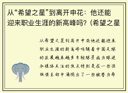 从“希望之星”到离开申花：他还能迎来职业生涯的新高峰吗？(希望之星总决赛视频)